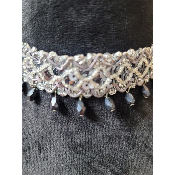 Women's Silver Sequin Beaded Choker Necklace With Black Drops And Lobster Clasp - Picture 3 of 6